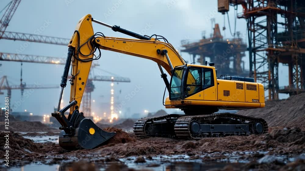 Heavy Construction Equipment Working Intensively in a Construction Site Under Overcast Sky Heavy Construction Equipment Working Intensively in a Construction Site Under Overcast Sky