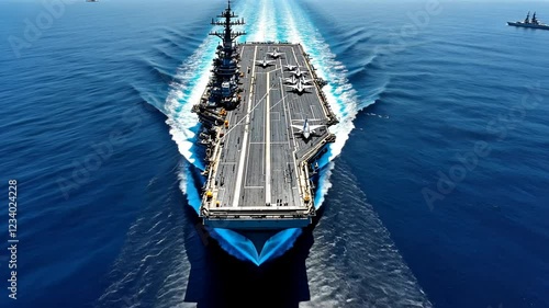 Massive Aircraft Carrier Navigating Open Waters – Aerial Perspective