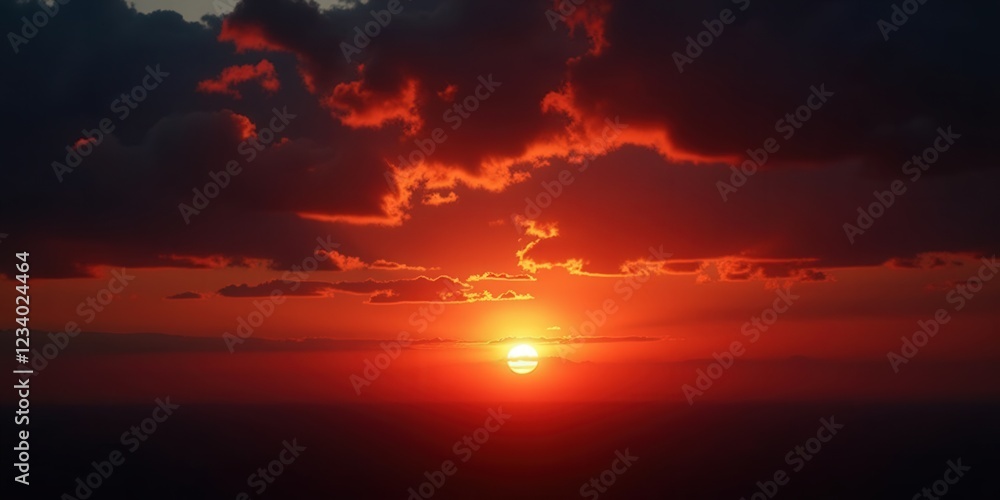 Fototapeta premium Fiery orange and crimson hues dominate the sky, framed by ominous dark clouds. At its heart, the sun glows intensely, casting an enchanting orange light that dances across the horizon
