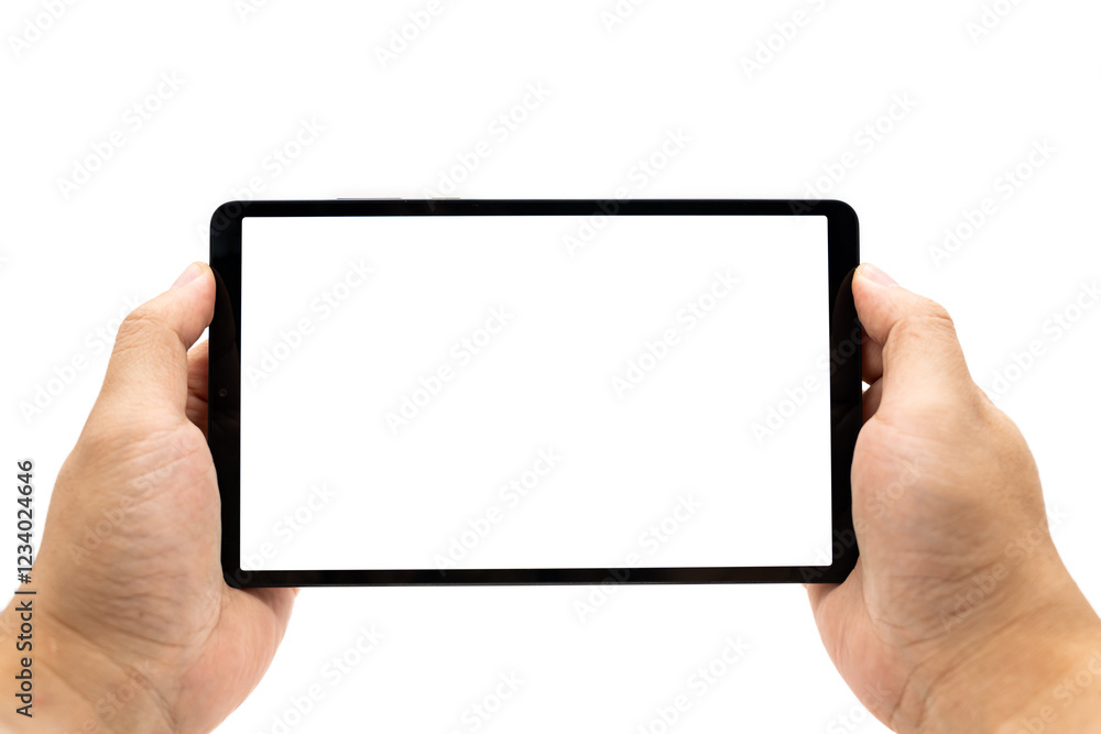 Hand holding Blank screen tablet. Digital tablet with isolated screen in male hands. digital tablet with empty display. Copy space and clipping Path. Isolated on white background. Hand holding Blank screen tablet. Digital tablet with isolated screen in male hands. digital tablet with empty display. Copy space and clipping Path. Isolated on white background.