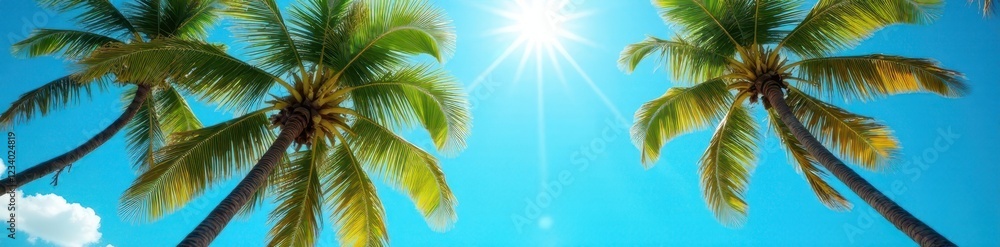 Sun-drenched coconut palms sway gently against a vibrant blue sky , sunny, element Sun-drenched coconut palms sway gently against a vibrant blue sky , sunny, element