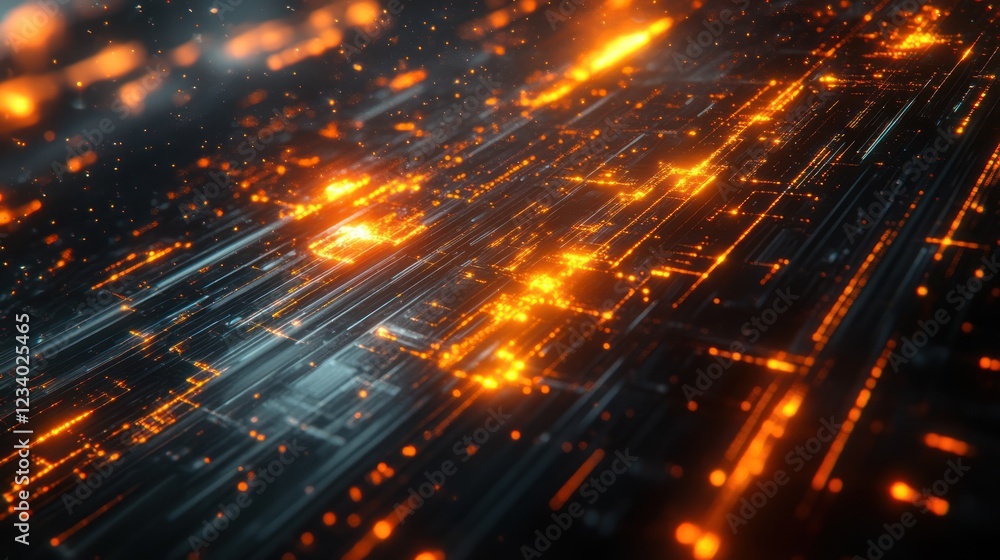 Fototapeta premium Futuristic network data streams flow, glowing orange, dark background, digital tech concept