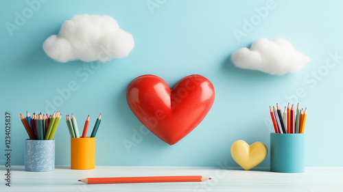 vector heart illustration with a soft cloud-filled sky background,