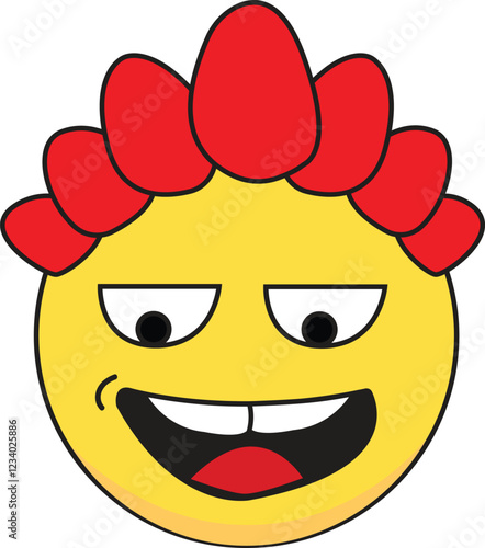 A cartoon smiley face wearing an expression of mischievousness, with narrowed eyes and a playful smirk, accompanied by a vibrant
