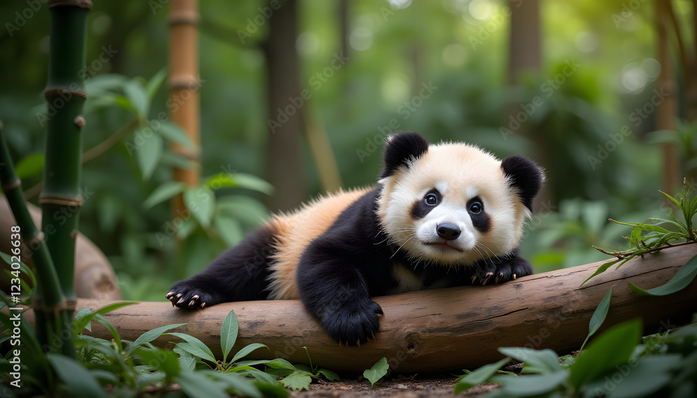Fototapeta premium Serene image of a baby panda resting on a log in a bamboo-filled zoo enclosure