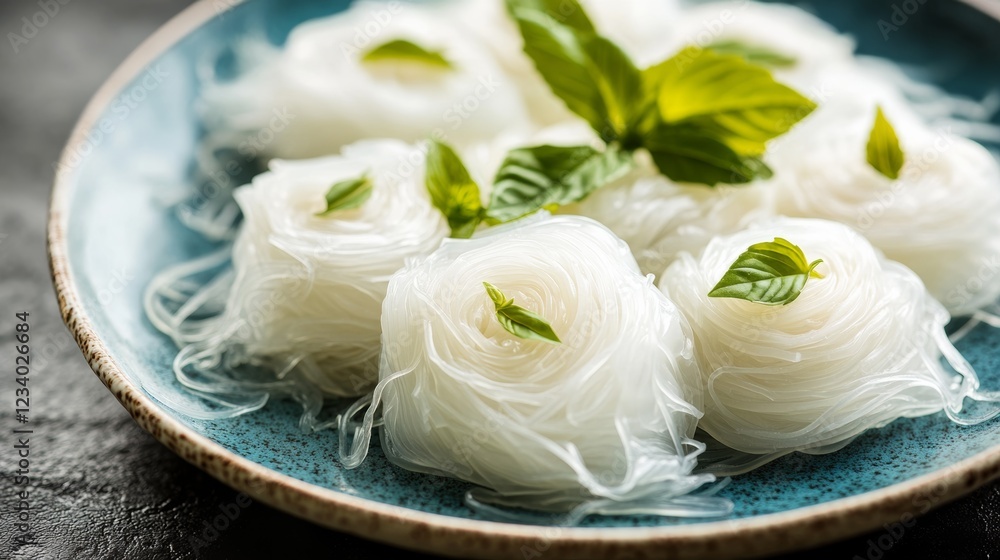 Rice noodles elegantly layered and garnished with fresh green leaves on a stylish blue plate create a scene of culinary art and appetizing simplicity. Rice noodles elegantly layered and garnished with fresh green leaves on a stylish blue plate create a scene of culinary art and appetizing simplicity.