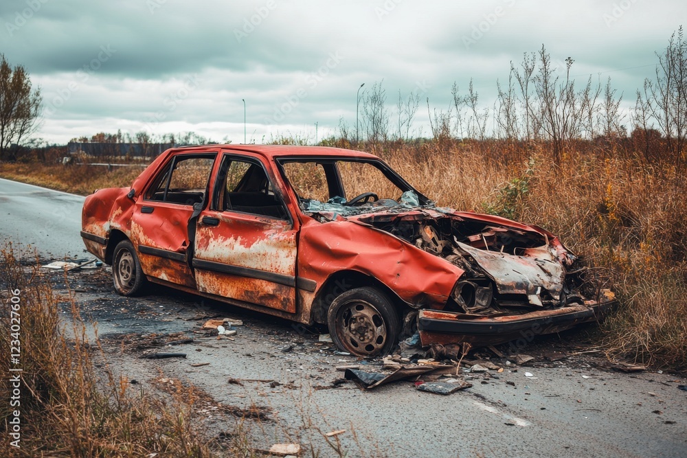 Dumped crashed car after traffic accident parked on highway roadside