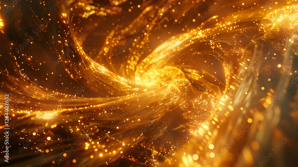 Naklejka premium A swirling, luminous abstract design with golden hues and sparkling elements.