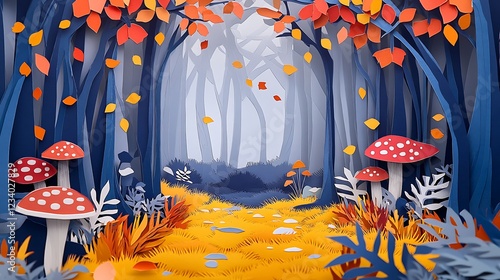 A paper cut depicting a temperate forest in autumn, with colorful falling leaves and scattered mushrooms. photo