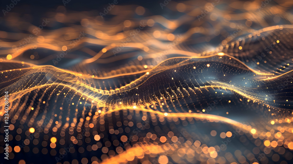 Abstract representation of flowing waves with glowing particles in a digital space. Abstract representation of flowing waves with glowing particles in a digital space.