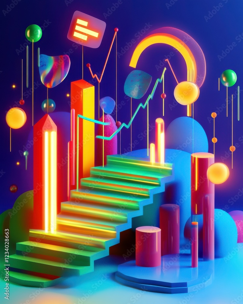 A vibrant, abstract 3D scene featuring colorful steps, geometric shapes, and glowing elements against a blue background. A vibrant, abstract 3D scene featuring colorful steps, geometric shapes, and glowing elements against a blue background.