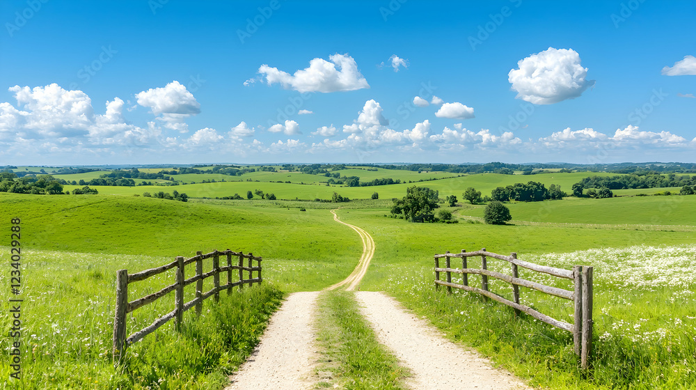 Country road leads to scenic green hills under blue sky Country road leads to scenic green hills under blue sky