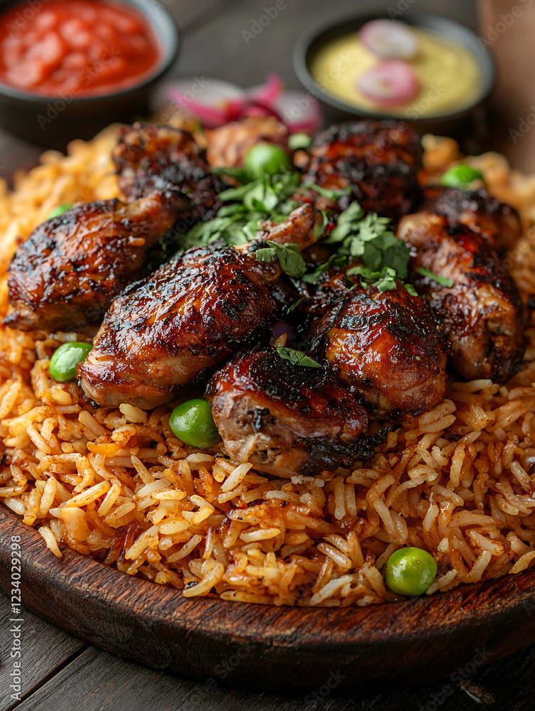 Roasted chicken pieces atop seasoned rice, garnished with herbs and peas.