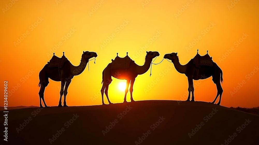 Silhouetted camels stand majestically atop a sand dune against a fiery sunset, embodying the essence of desert tranquility and grandeur. Silhouetted camels stand majestically atop a sand dune against a fiery sunset, embodying the essence of desert tranquility and grandeur.