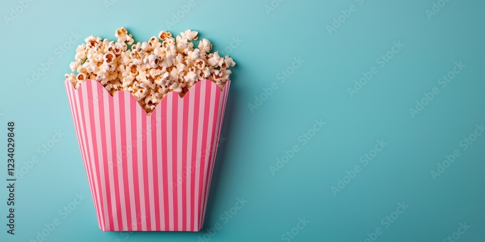 Popcorn lovers day with snack and sharing idea. Colorful popcorn box on a blue background. Popcorn lovers day with snack and sharing idea. Colorful popcorn box on a blue background.