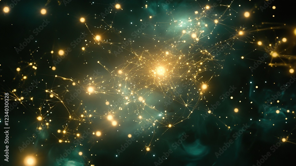 Fototapeta premium Golden network nodes glowing in dark nebula, digital art