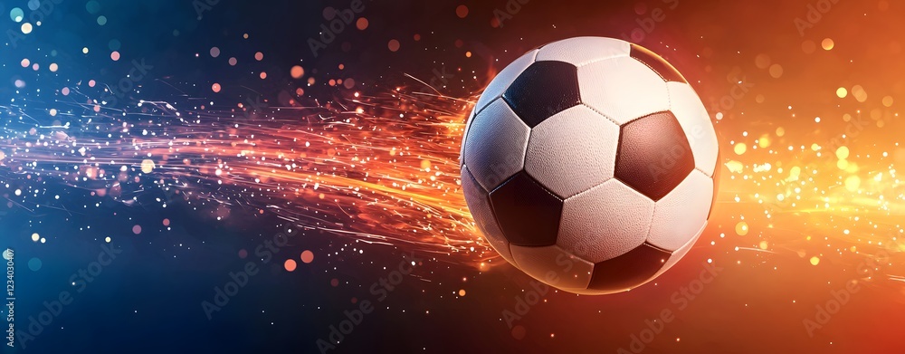 Fototapeta premium Glowing Soccer Ball Floating in Fiery Night Sky Action Sports Digital