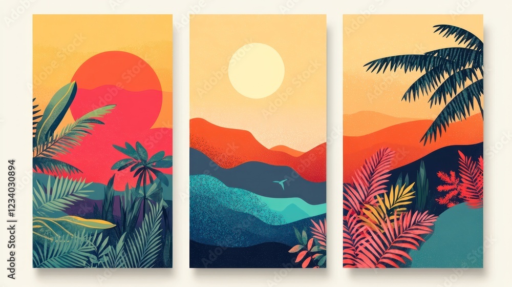 Obraz premium Tropical sunset landscape art prints, mountains, foliage, wall decor