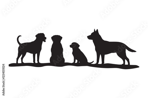 Silhouette of different dog breeds sitting together, black and white pet illustration for design and decoration