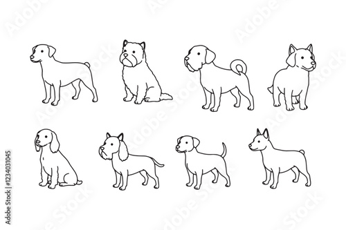 Seamless pattern of various dog breeds hand-drawn outline sketch, cute pet design for textiles and backgrounds
