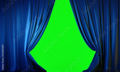 curtain opens in blue isolated on green screen background