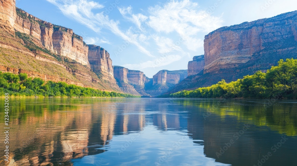 Naklejka premium A calm river winding through a serene valley, with towering cliffs and vibrant green trees lining the banks, the light casting gentle reflections on the water