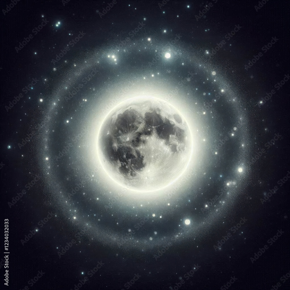 Fototapeta premium Deep black starry background with a glowing full moon at the center, surrounded by faint halo light 1