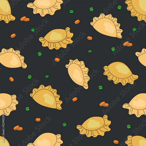 Hand drawn dumpling seamless pattern on gray background for print on packaging, merchandise. Vector illustration.