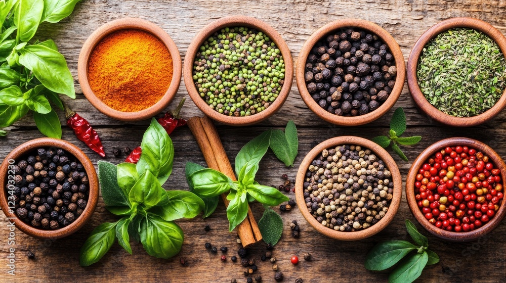 A collection of spices and herbs on a wooden table, emphasizing the natural and earthy textures of each plant A collection of spices and herbs on a wooden table, emphasizing the natural and earthy textures of each plant