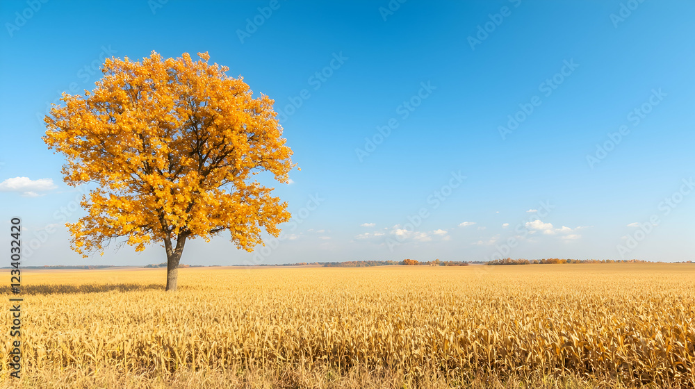 Lone autumn tree in golden field, clear sky Lone autumn tree in golden field, clear sky