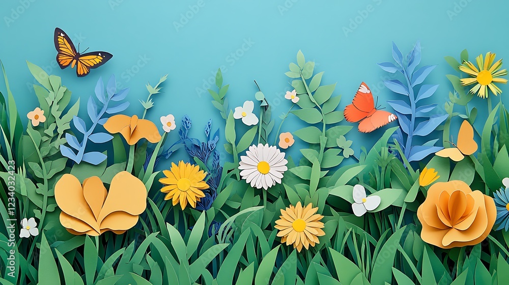A paper cut of a lush meadow filled with wildflowers, butterflies, and tall grass under a sunny sky. A paper cut of a lush meadow filled with wildflowers, butterflies, and tall grass under a sunny sky.