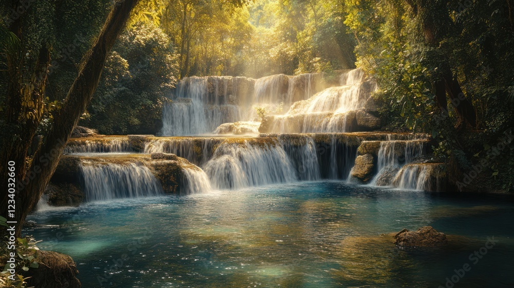 Obraz premium Serene jungle waterfall, sunlight through trees, turquoise pool, nature travel poster