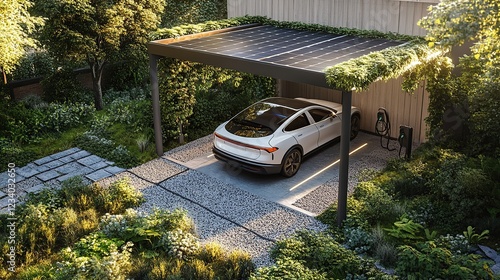 Eco-friendly EV charging at modern home, solar carport