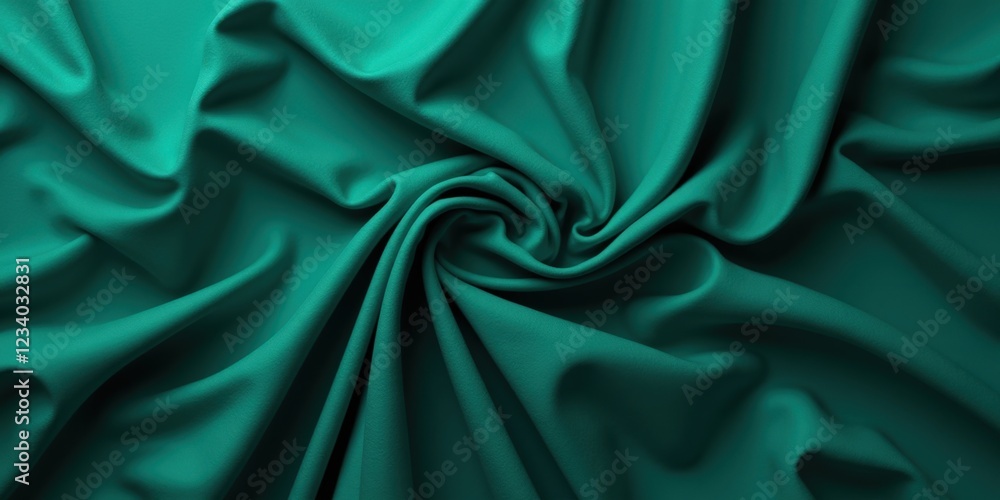 Fototapeta premium Teal-green fabric reveals a smooth, rich texture. Its deep, vibrant hue contrasts beautifully against darker greens, offering a captivating visual interplay