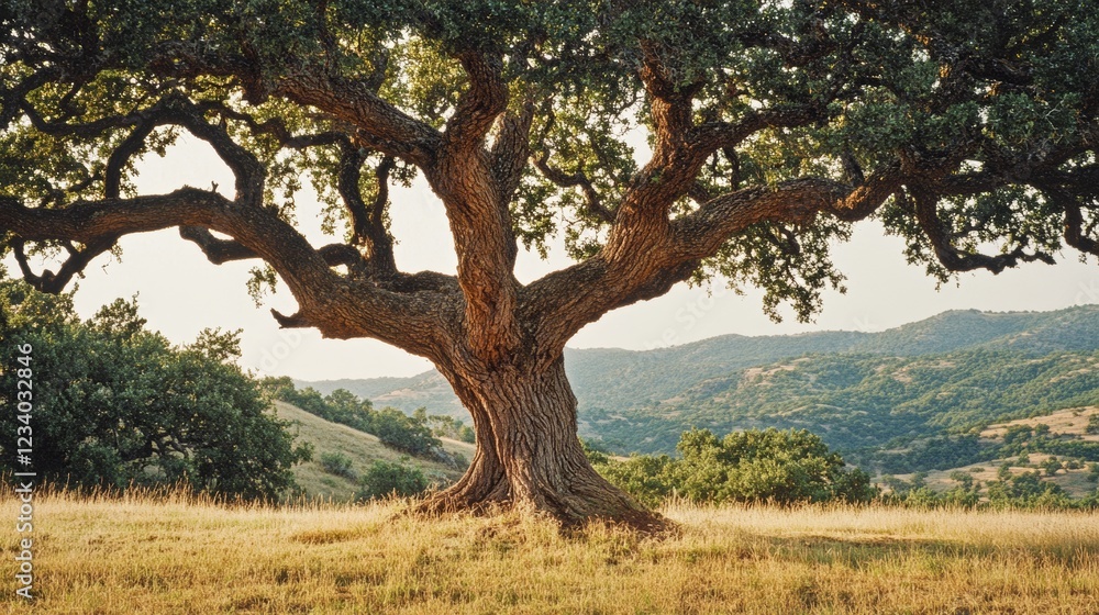 A sprawling tree with a robust trunk stands in a golden field, offering shade against a backdrop of rolling hills and a serene sky. A sprawling tree with a robust trunk stands in a golden field, offering shade against a backdrop of rolling hills and a serene sky.