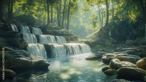 Serene forest waterfall cascade, sunlit mist, tranquil pool, nature background, travel brochure