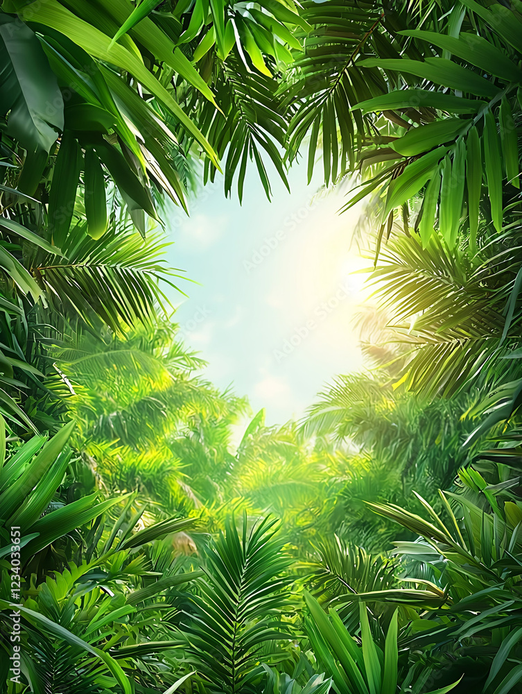 Naklejka premium Lush Tropical Canopy: Sunlit Jungle Heart.
