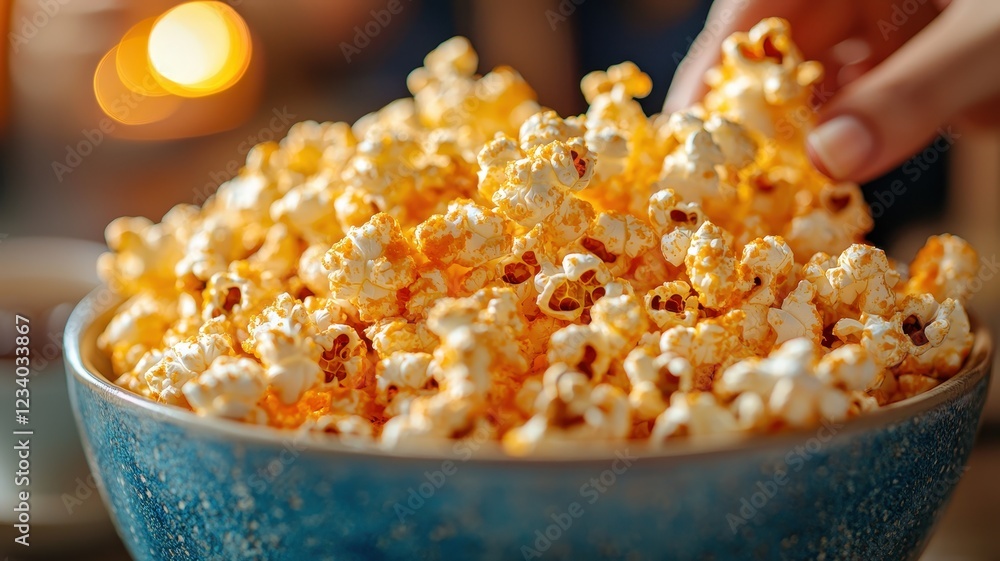 Popcorn lovers day with snack and sharing idea. Bowl of popcorn with a hand reaching for a snack. Popcorn lovers day with snack and sharing idea. Bowl of popcorn with a hand reaching for a snack.