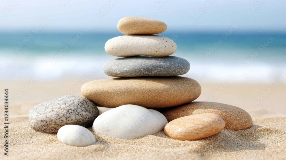 Smooth, stacked stones rest on serene sandy beach, embodying balance and tranquility while waves kiss the shore under a clear sky. Smooth, stacked stones rest on serene sandy beach, embodying balance and tranquility while waves kiss the shore under a clear sky.