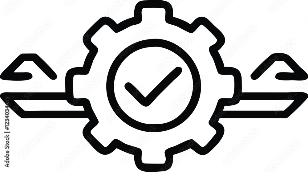Minimalist icon, black and white, gear symbol, checkmark inside gear, simplified design, connected nodes, process optimization, quality control concept, vector graphic style, clean lines, industrial e