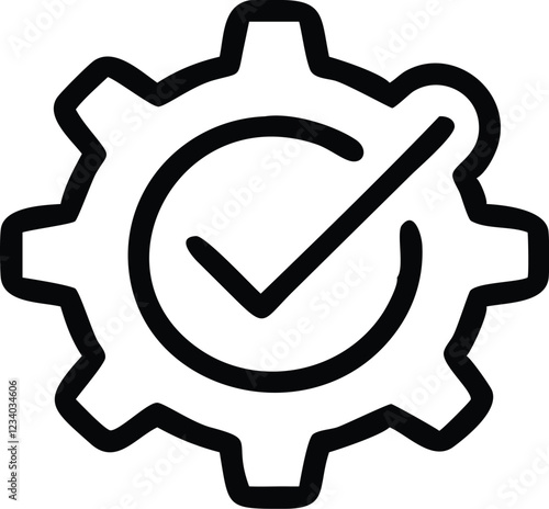 Minimalist icon, black and white, gear symbol, checkmark inside gear, simplified design, connected nodes, process optimization, quality control concept, vector graphic style, clean lines, industrial e