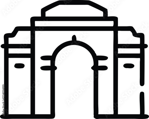 India Gate, iconic monument, New Delhi landmark, architectural icon, line drawing, minimalist design, black and white illustration, geometric shapes, symmetrical structure, simplified arches, historic