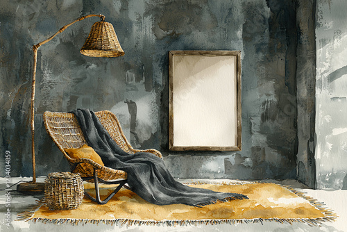 Cozy wicker chair, floor lamp, and blank frame in a rustic room. photo