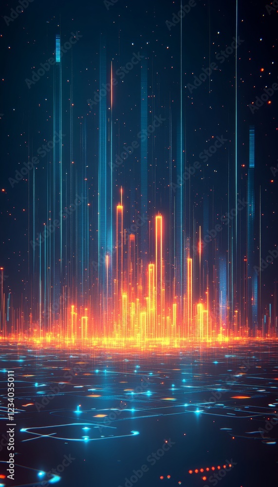 Obraz premium Futuristic Cityscape Of Glowing Lights, Circuit Board Background, Technology And Innovation