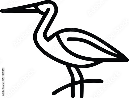 Minimalist bird illustration, black outline, white background, long-necked wading bird, heron silhouette, simple curved lines, graphic design style, vector art, stylized wildlife icon, clean geometric