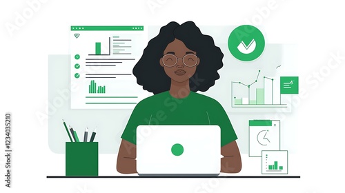 A Black entrepreneur designing a presentation, her laptop displaying creative visuals with green accents