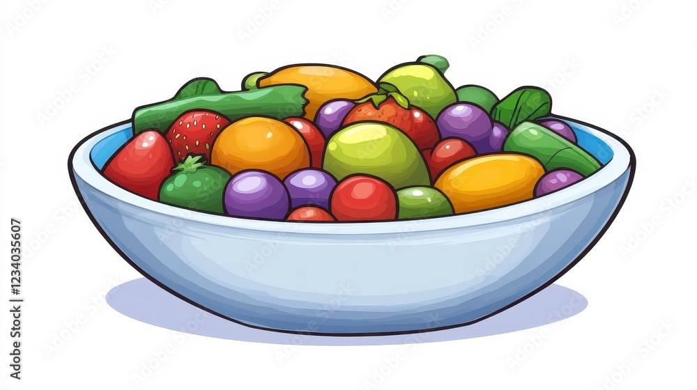 Colorful Cartoon Bowl of Fresh Fruit and Vegetables on White Background Colorful Cartoon Bowl of Fresh Fruit and Vegetables on White Background