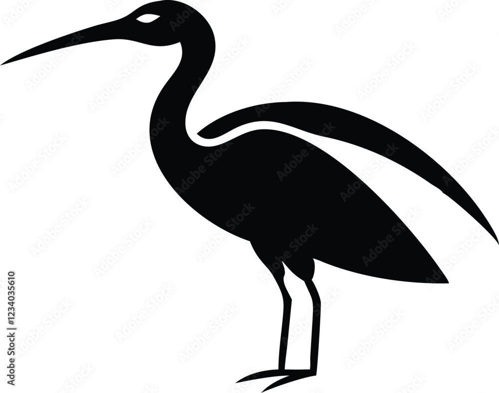 Obraz premium Minimalist bird illustration, black outline, white background, long-necked wading bird, heron silhouette, simple curved lines, graphic design style, vector art, stylized wildlife icon, clean geometric