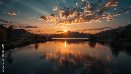 Serene sunset over a calm river reflecting vibrant colors in the scottish highlands.