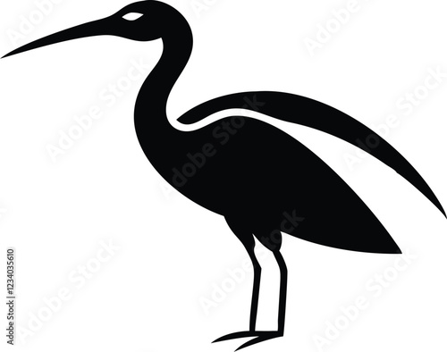 Minimalist bird illustration, black outline, white background, long-necked wading bird, heron silhouette, simple curved lines, graphic design style, vector art, stylized wildlife icon, clean geometric